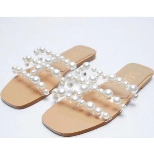 Meotina Sandals Women 2021 Beading Slippers Square Toe Transparent Flat Slides Summer Fashion Bohemia Sandals Ladies Footwear 40