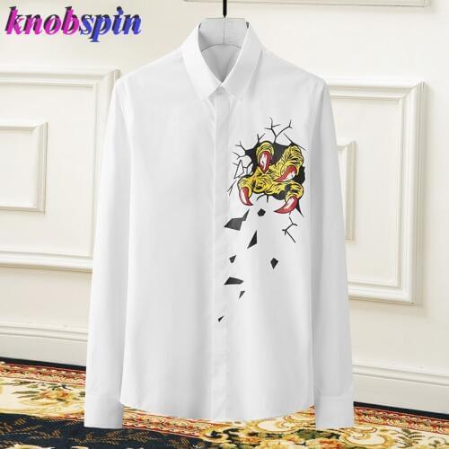 Unique Printed Men Shirt 2019 Long sleeve Slim Chemise homme Black White Charm mens Shirts Casual workwear clothes male Camisas