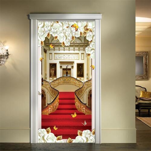 European Style Door Sticker 3D Stairs Red Carpet Wallpaper Living Room Hotel Home Decor Luxury Design Door Decals Wall Stickers