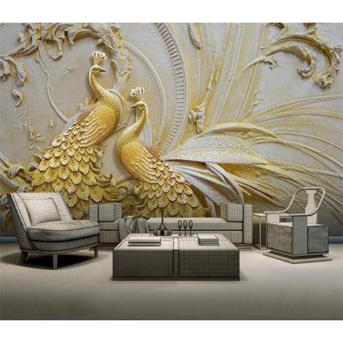 Custom Mural Wallpaper For Walls 3D Stereoscopic Embossed Golden Peacock Background Wall Painting Living Room Bedroom Home Decor