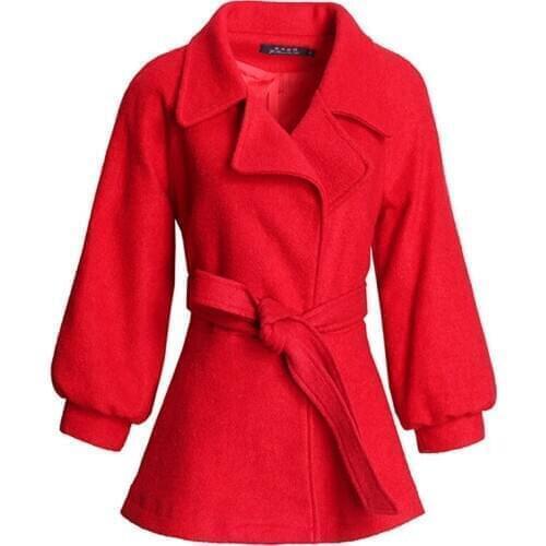 Autumn winter woolen overcoat Mujer short paragraph loose waist lantern sleeve fashion suit collar solid color wild Outwear D275