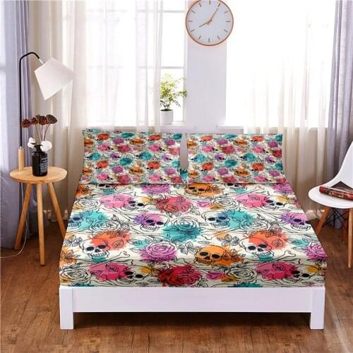 Cool Skull Digital Printed 3pc Polyester Fitted Sheet Mattress Cover Four Corners with Elastic Band Bed Sheet Pillowcases