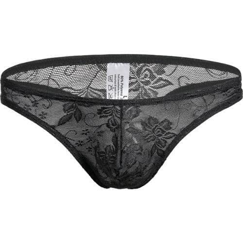Sexy Underwear Men G Strings Thongs Lace Thong Tanga hombre Penis Pouch Briefs T-back Transparent Underpants Panties Plus Size
