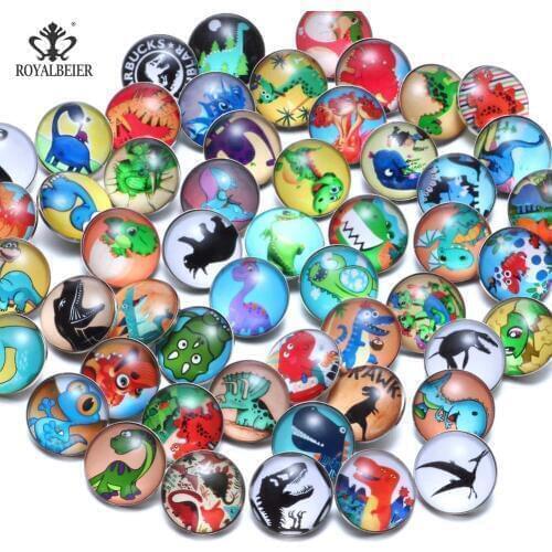 RoyalBeier 50pcs/lot Cute Catroon Dinosaur Theme Glass Charms 18mm Snap Button For 20mm Snaps Bracelet Snap Jewelry KZHM086