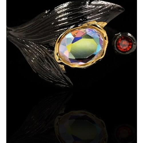 Creative Inlaid Synthetic Moonstone Black Gold Branch Ring Retro Thai Silver Dyed Black Leaf Ring jewelry gift for women