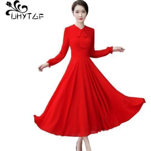 UHYTGF Spring dresses women Fashion chiffon elegant long dress Korean casual 5XL plus size dresses Large swing beach dress 914