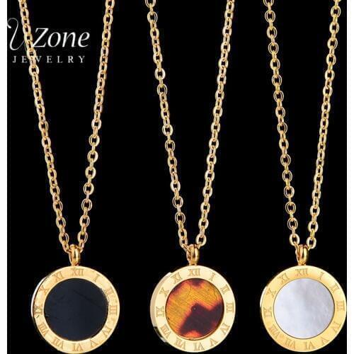 UZone Exquisite Gold Roman Numerals Pendant Necklaces For Women Girls Round Stainless Steel Resin Shell Necklace Gift Bijoux
