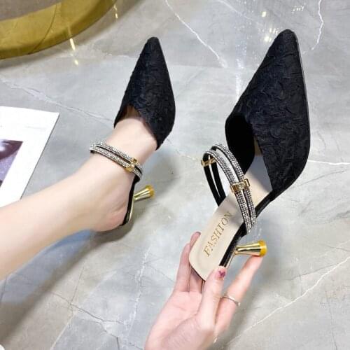 Baotou Sequined Half-drag Womens Sandals 2021 Spring and Summer Models with Pointed Toe Temperament All-match Stiletto Heels