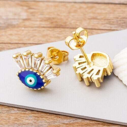 Fashion Lucky Turkish Blue Evil Eye Fatima Handmade Stud Earrings Blue/Red/Black Colors Copper CZ Jewelry for Women Party Gift