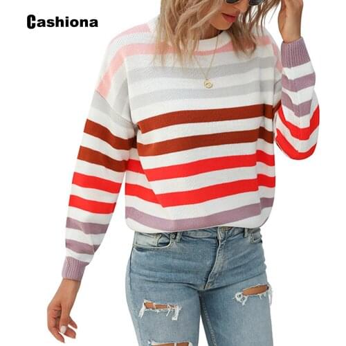 Women Knitted Sweater Autumn New Femme Long Sleeve Patchwork Stripes Jumper Pullovers Sweaters Fashion Tops Womens Clothing 2020