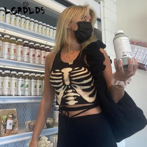 LORDLDS Women Black Skull Print Ribbed Gothic Tank Top Cropped T Shirts Ladies Cotton Crop Vest Streetwear