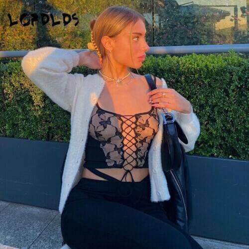 LORDLDS Butterfly Crop Top Patchwork Women Black Lace Up Front Square Neck Sleeveless Tank Tops Outfit