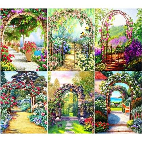 5D Diy Diamond Embroidery Mosaic Arched Flower Gate Paintings Full Rhinestone Garden Picture Wall Art Home Bedroom Decoration