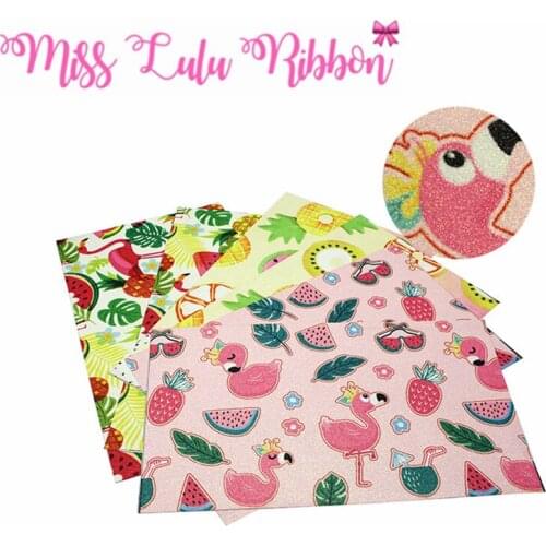 8x13 inch (20x34cm) Printed Glitter Vinyl Ribbon Cut Piece 60Pcs Cartoon Pink Flamingo Fruits Doughnut DIY Hair Bowknots Making