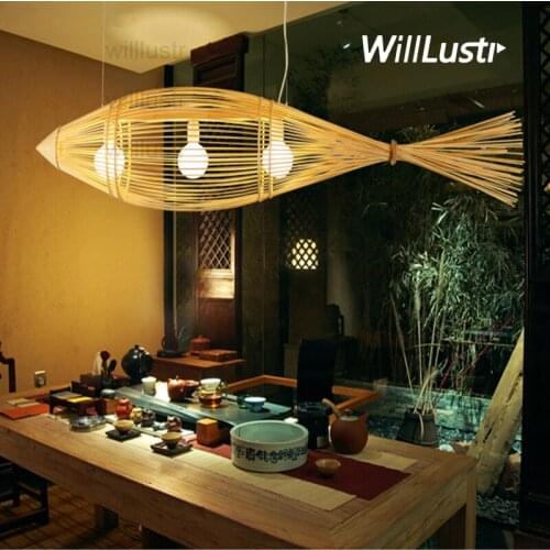 Willlustr bamboo pendant lamp big fish wood suspension light handmade lighting natural hanging light hotel restaurant bar lounge
