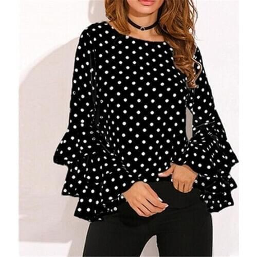 Womens Bloome2020 New Layered Small Trumpet Sleeves Round Neck Polka Dot Long Sleeve Wild Top Fashion Casual Blouse