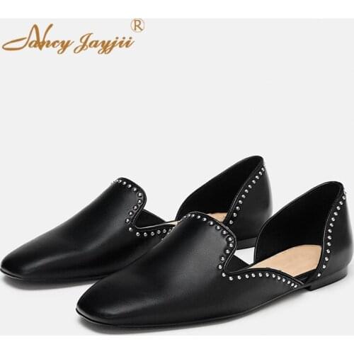Large Size 14 D'orsay Cut Out Loafers Flats Casual Ladies Shoes Black Slip-On Square Toe Rivet Fashion Mature Nancyjayjii 2019