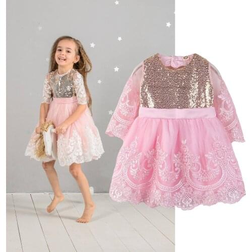 Kids Girls Lace Dresses Flower Party Ball Gown Sequin Dresses for Kids Princess Birthday Wedding Children First Baptism Dresses