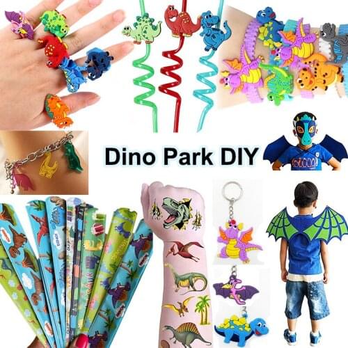 Dino Decoration Set Mask Key Chain Ring Wing Suitable Halloween Dress Silicone Wristband Dinosaur Park Clapping Bracelet Straw
