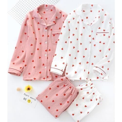 Fdfklak Long Sleeve Cotton Crepe Pajamas Spring Women Autumn Pajama Sets Pijama Sleepwear Pyjamas Pink/White Nightwear Set