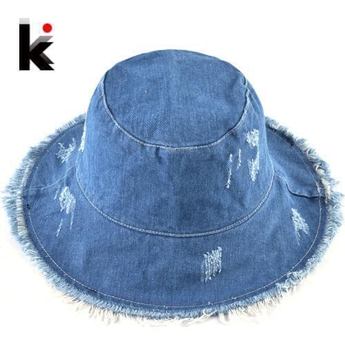 Summer Washed Denim Sun Hat Women Fashion Tassel Floppy Cap Ladies Wide Brim Beach Bucket Hats Female Cotton foldable Chapeu