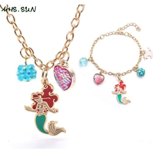 MHS.SUN Trendy baby girls mermaid princess pendant charms necklace bracelet diy heart chain necklace for kids party gift newest