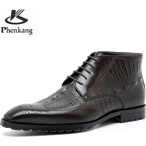 Phenkang Men Genuine Cow Leather Crocodile Winter Texture Ankle Chelsea Boots Brogue Flat Lace Up Dress Shoes 2020