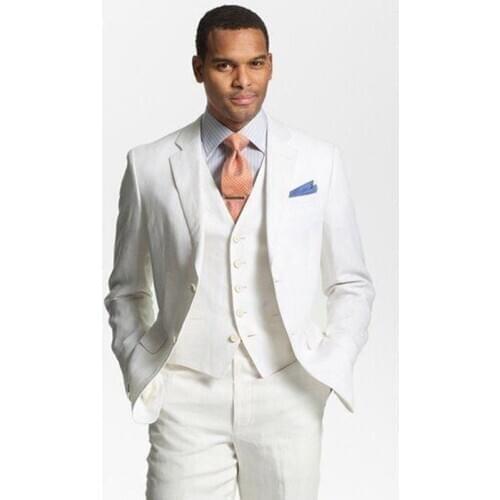 Custom Made ivory Linen Suits Mens Formal Skinny Summer Beach Simple Wedding Tuxedo 3 Piece Men Suit (Jacket+Pants+Vest)