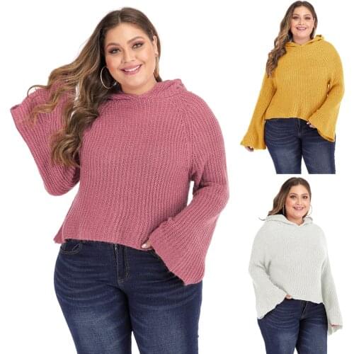 Autumn And Winter plus Size Womens Clothes Bell Sleeve Hooded Solid Color Cropped Pullover Wnter Clothes Women Loose Female Top
