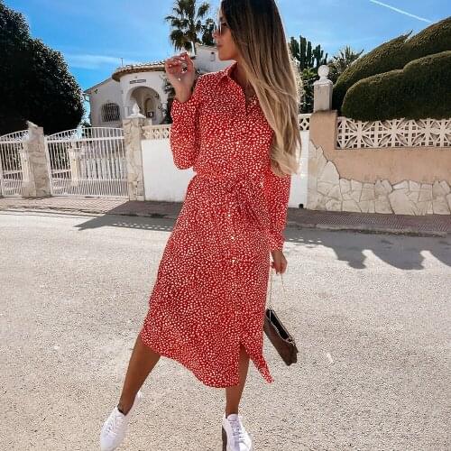 Fashion Long Sleeve Polka Dot Midi Dress Women 2021 Spring Autumn Red Black Vintage Office Ladies Dresses For Woman Robe Femme