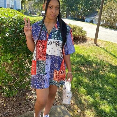 Bandana Print Turn-Down Collar Button Shirt Dress Women Clothing Short Sleeve Mini Dress Ladies Loose Club Casual Dresses Summer