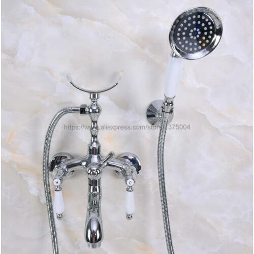 Polished Chrome Bath Shower Faucet Set Dual Knobs Wall Mounted Bathtub Mixers with Handshower Swive Tub Spout Nna248