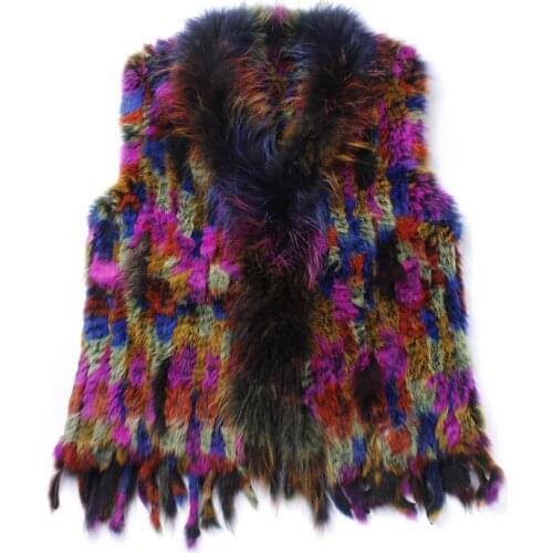 SF0304 Free shipping womens natural real rabbit fur vest with raccoon fur collar waistcoat/Brazil fashion rabbit knitted winter