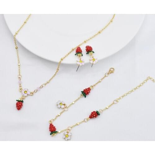 Fresh and Fashionable Strawberry Flower Enamel Bracelet Statement Simple Earrings Girlfriends Gift Three-piece Set