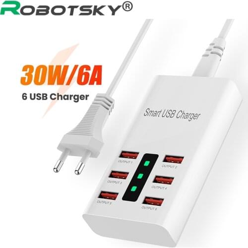 6 Ports USB Phone Charger Multiple Wall Charging 6A EU/US Plug Adapter Socket Phone Tablet USB Charger For iPhone iPad Samsung