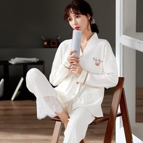 Womens Pajamas Autumn Cotton Long-sleeved Kimono Cardigan Top and Trousers Sleepwear Suit Pure Color Lace Casual Loose Homewear