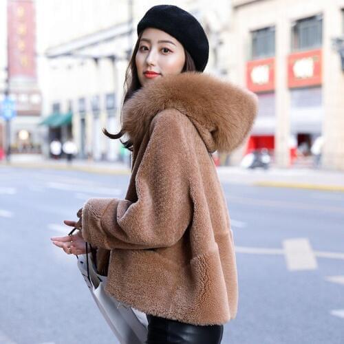 2020 New Real Fur Coat Women Winter Jacket Fox Fur Collar Hooded Korean Plus Size 100% Wool Coat Womens Fur Coats F1858 KJ5189