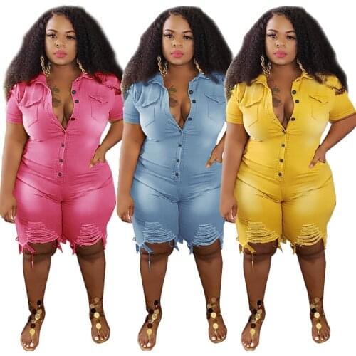 Fashion Buttons Hole Cowboy Women Clothing Summer Leisure Style Plus Size Jumpsuit High Waist Rompers Wholesale Dropshipping