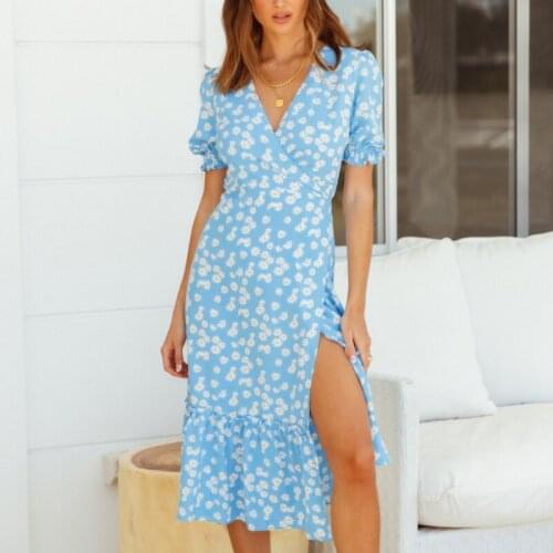 Blue Floral Print Elegant Dress 2021 V Neck Puff Sleeve Pleated Dresses Women Summer Beach Dress Midi Wrap Sundress Robe Femme