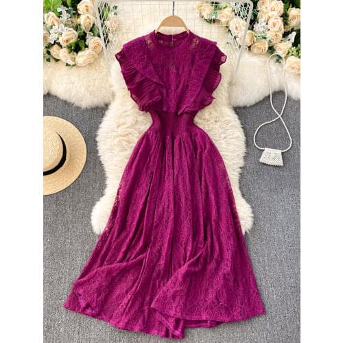 2021 summer Temperament Fashion Vestidos Womens French Elegant Pleated Ruffled Waist and Thin Temperament Lace Midi Dress C416