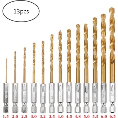 13pcs High Speed Steel Titanium Coated Drill Bit Set Hex Shank 1.5-6.5mm Hexagonal Handle Twist Drill