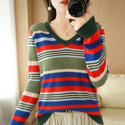 2021 Spring Top Shirts Women Long Sleeve Striped Tshirts V-neck Cotton Harajuku T Shirt Plus Size Sweatshirts Slim Women Tops