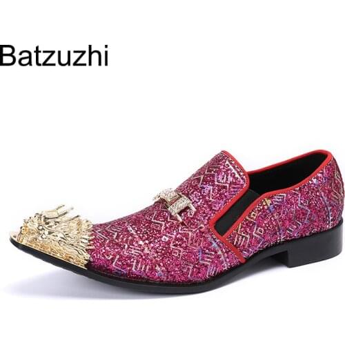 Batzuzhi Luxury Handmade Mens Shoes Pointed Golden Metal Toe Leather Dress Shoes for Men Pary and Wedding Blink Shoes Zapatos