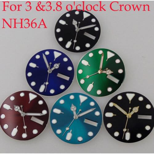 Dual Calendar 28.5mm Watch Dial+Watch Hands For NH36/NH36A Movement Green Lume For 3.8 &3 o'clock Black/Blue/Green Day/Date