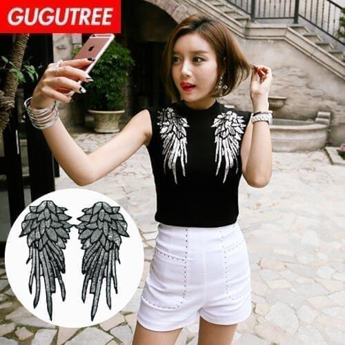 GUGUTREE embroidery Sequins big wings patches feather patches badges applique patches for clothing YYX-19121060