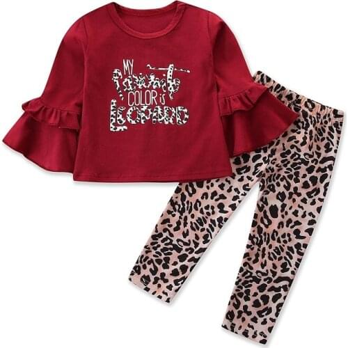 Child Girl Clothes Kid Girls Flare Sleeve Letter Print Top Leopard Pants 2Pcs Outfits Kid Clothing Set