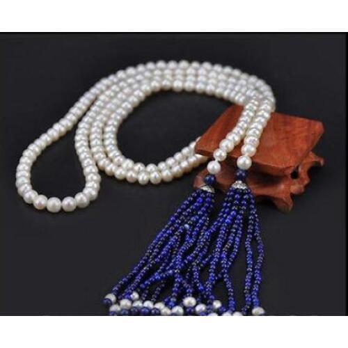 Beautiful NEW AAA Akoya 8-9MM White PEARL NECKLACE WIHT Lapis Lazuli LONG NECKLACE36" 50"