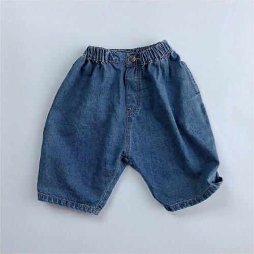 Lunoakvo Korean Childrens Summer New Boys and Girls Elastic Waist Button All-match Bermuda Washed Cropped Jeans for Kids