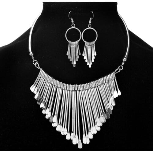 Big Fashion Long Metal Tassel Necklace Earring Set Silver Plated Statement Pendant Necklace and Earrings Jewelry Set for Women