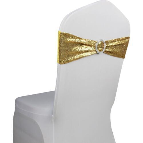 20pcs/lot Gold/Silver Sequin Chair Sash For Wedding Party Decoration Hotel Banquet Chair Back Decor Elastic Round Buckle Band
